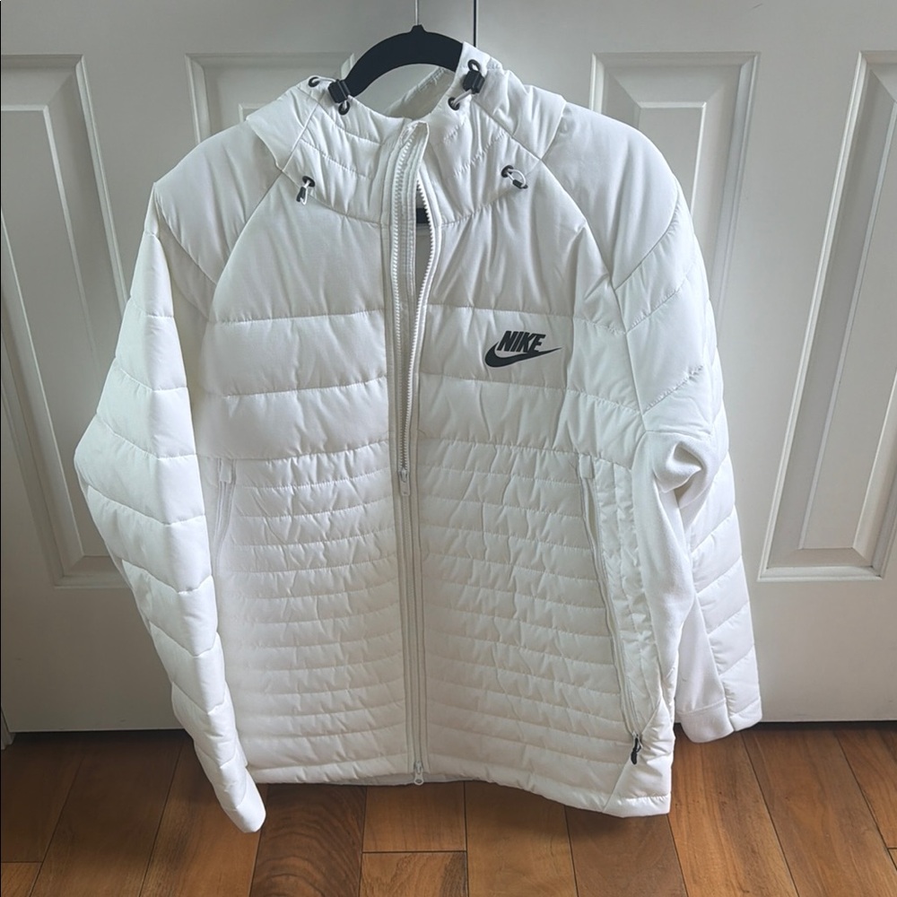 Nike White Quilted Hooded Puffer Coat with Black Logo